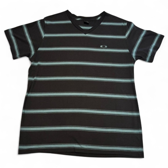 Oakley Men's T Shirt XL V Neck Green Black Stripe - Picture 1 of 4